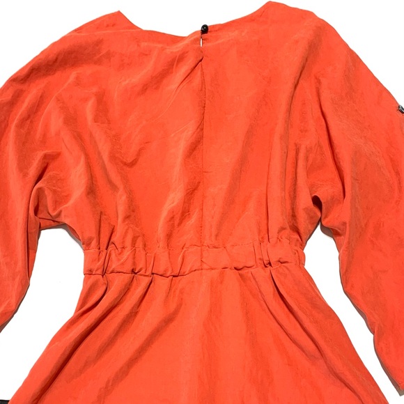 Orange Elasticized Waistband Rolled Up Sleeves Mini Dress Small - Picture 5 of 7